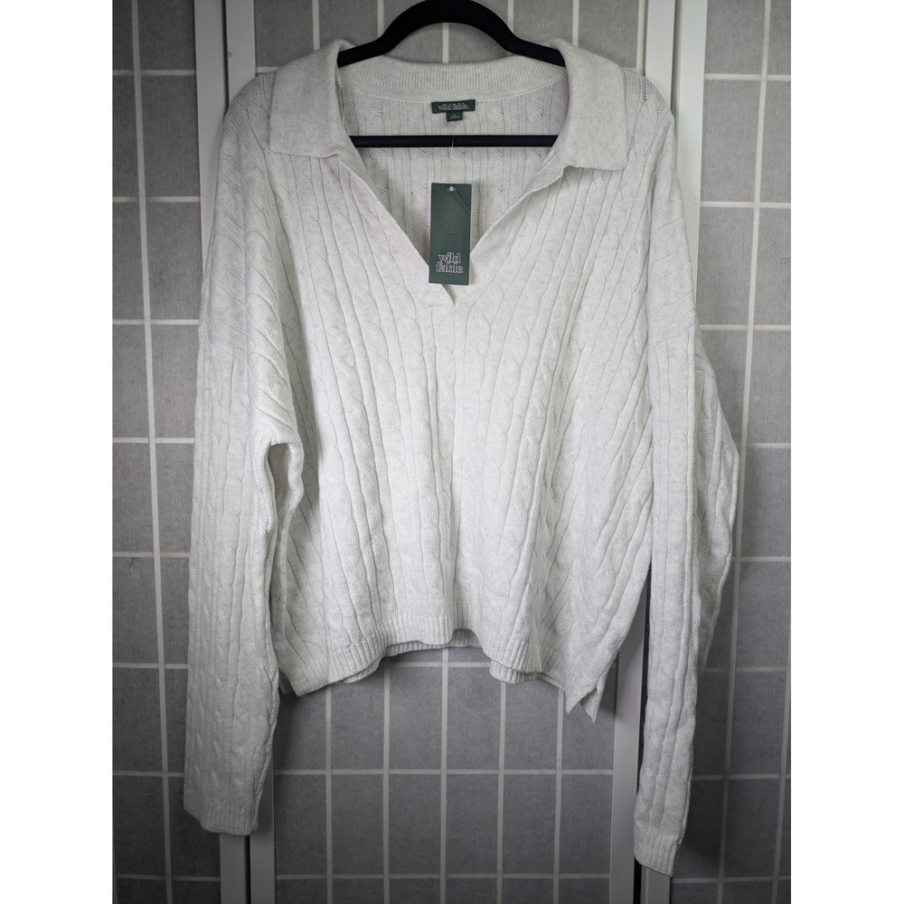 Wild Fable Womens Pullover Sweater XL NWT $30 Cable Knit V-Neck Off-White Preppy